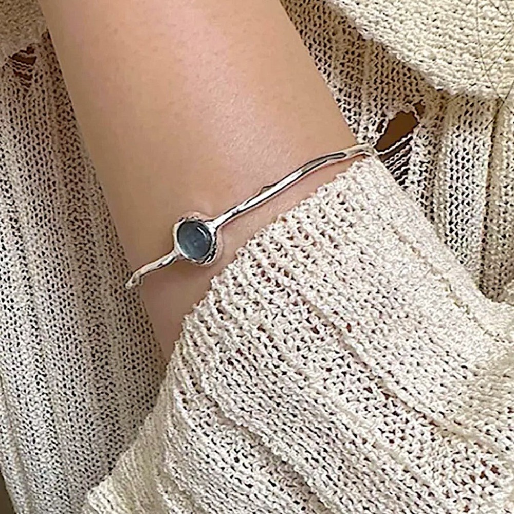 Sterling Silver Aquamarine Bangle Bracelet, Cuff, Blue Topaz, Minimalist - Picture 5 of 7